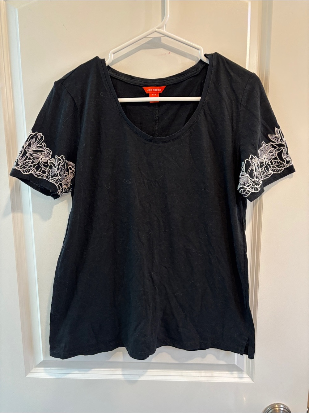Joe Fresh Black Tee with White Floral Sleeve Embroidery